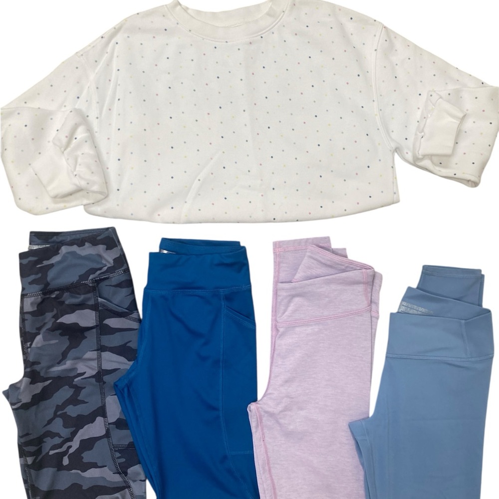 Athletic Works Camo, Blue, and Gray Leggings with Polka Dot sweatshirt